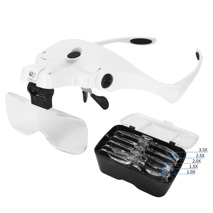 2 LED Lights 5 Lens 1.0X-3.5X Adjustable Bracket Headband Glasses Magnifier Loupe and USB Charge Goggles