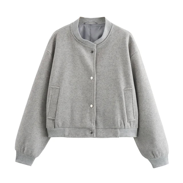 TRAF  Women Jacket Cropped Bomber Jackets For Women Beige Black Tweed Jacket Woman Fashion Long Sleeve New In Short Coats