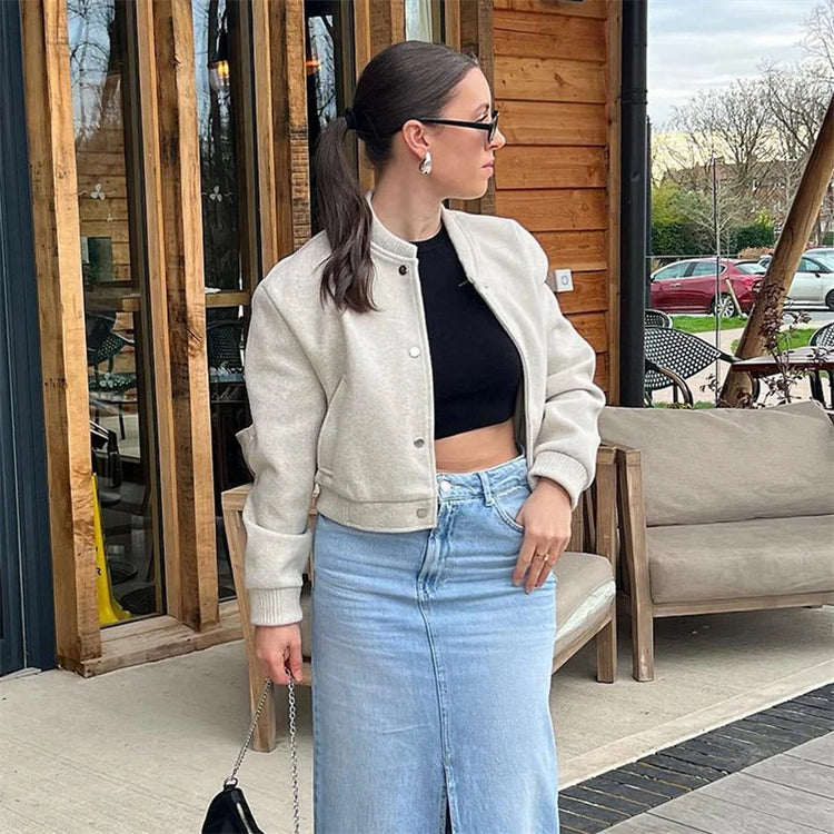TRAF  Women Jacket Cropped Bomber Jackets For Women Beige Black Tweed Jacket Woman Fashion Long Sleeve New In Short Coats