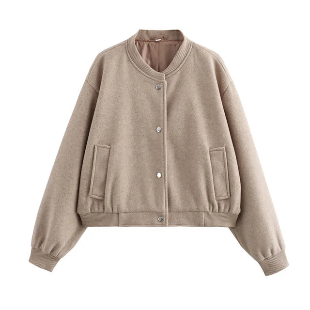 TRAF  Women Jacket Cropped Bomber Jackets For Women Beige Black Tweed Jacket Woman Fashion Long Sleeve New In Short Coats