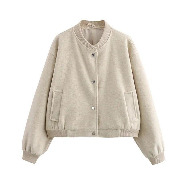 TRAF  Women Jacket Cropped Bomber Jackets For Women Beige Black Tweed Jacket Woman Fashion Long Sleeve New In Short Coats