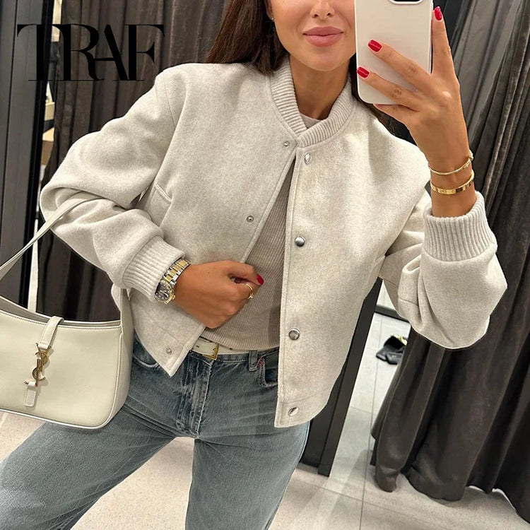 TRAF  Women Jacket Cropped Bomber Jackets For Women Beige Black Tweed Jacket Woman Fashion Long Sleeve New In Short Coats