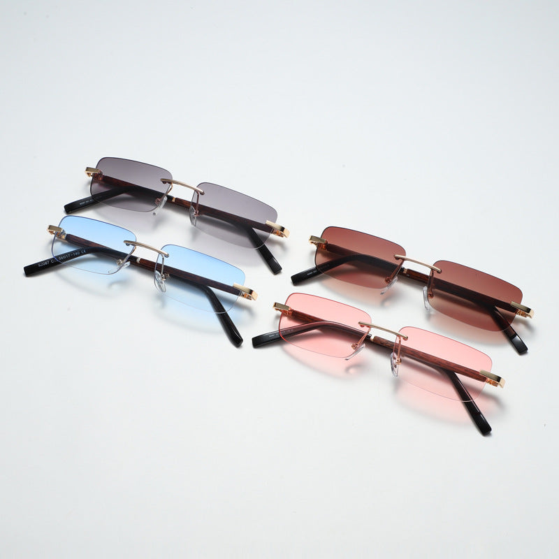 New Square Frameless Retro Sunglasses Men And Women Tide Wood Grain Legs Sunglasses Literary Glasses UV400
